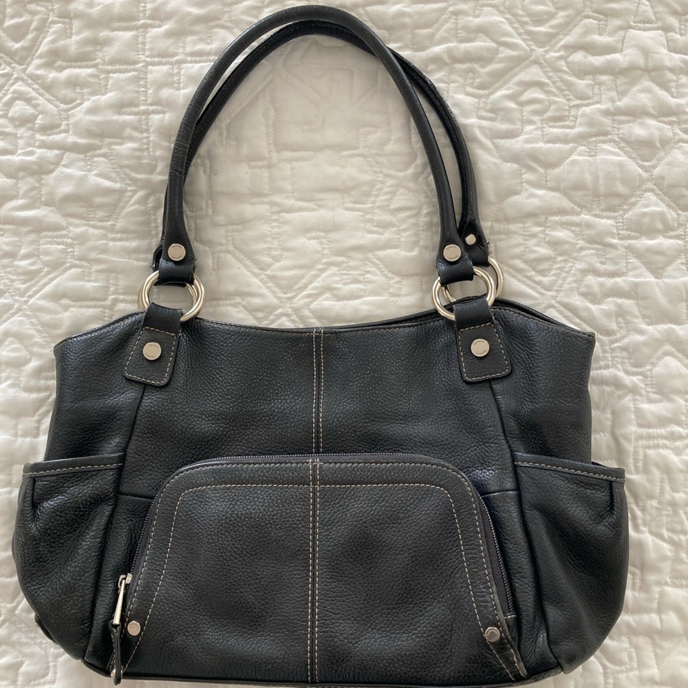 Y2K Tignanello Double Handle Black Leather Handbag with Keychain